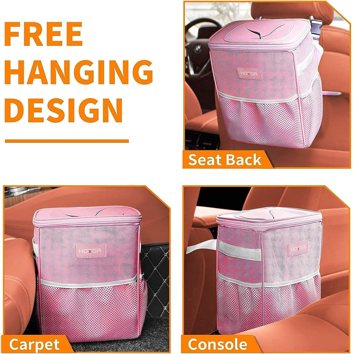 Car Trash Can, Leakproof Car Organizer, 2-Gallon, Pink