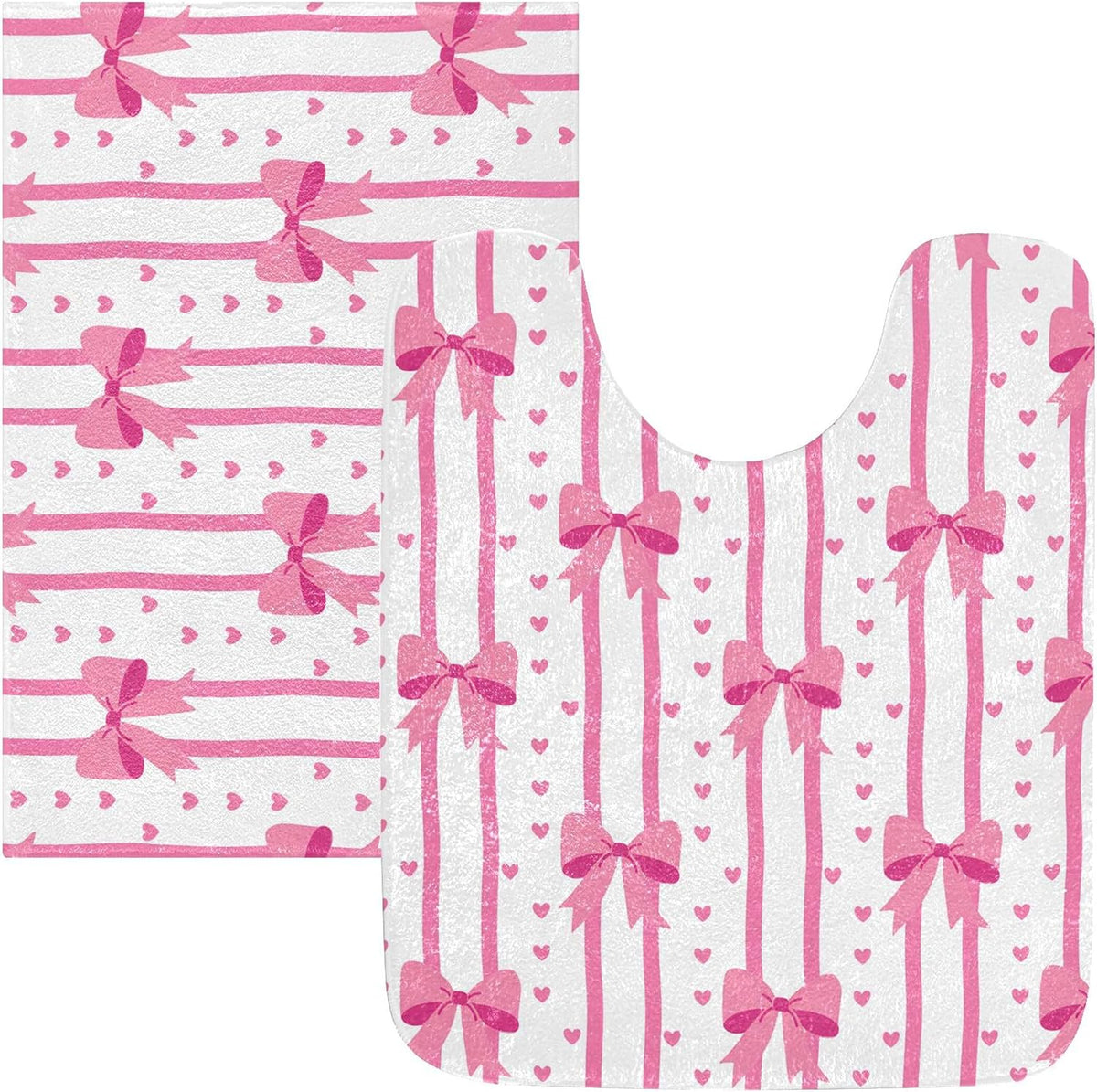 Pink Bows and Stripes Bathroom Rugs, Ultra Soft Absorbent Plush 16” x 24” Bath Mats, Non-Slip Machine Washable Shaggy Floor Rugs for Bathroom Tub