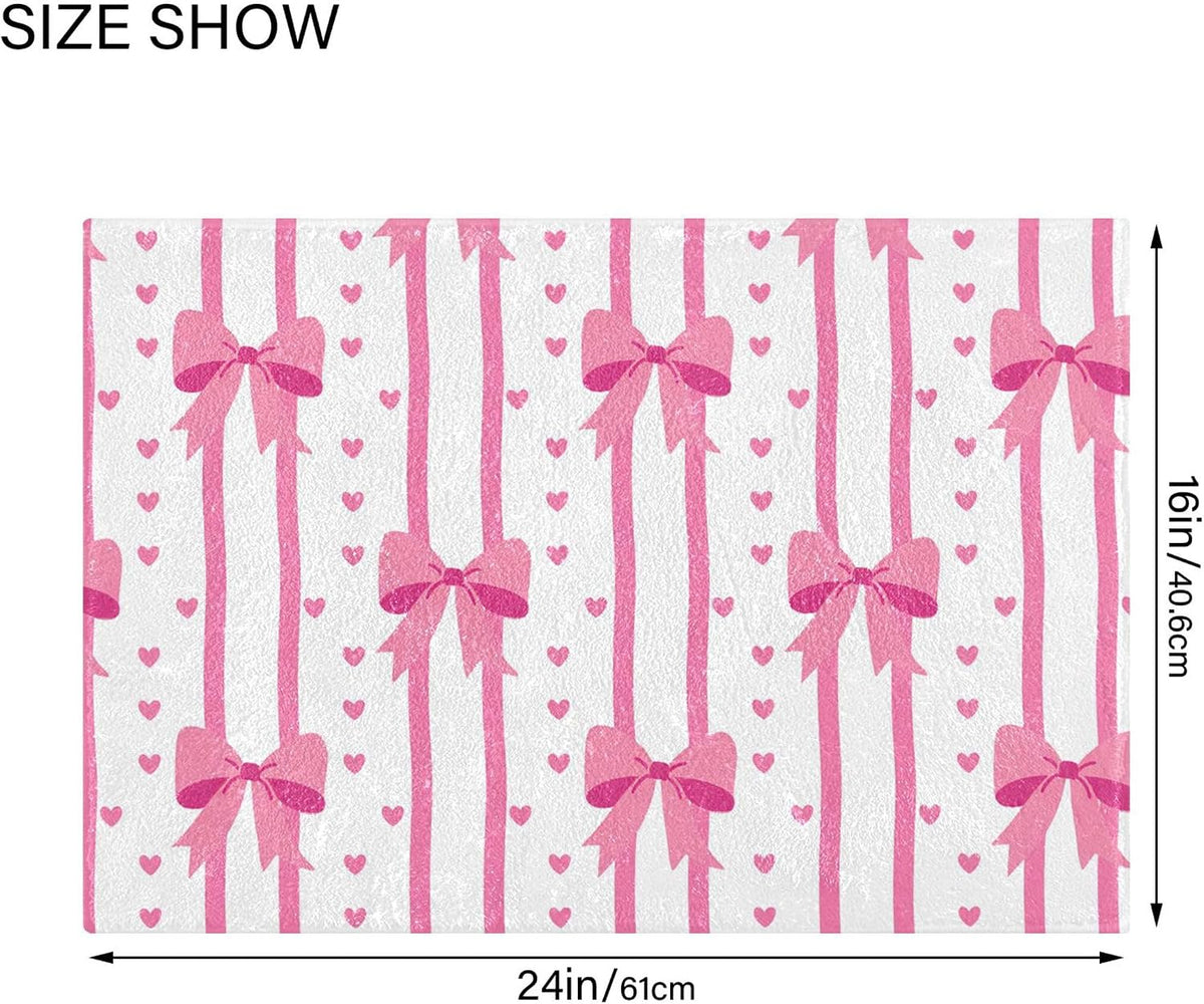 Pink Bows and Stripes Bathroom Rugs, Ultra Soft Absorbent Plush 16” x 24” Bath Mats, Non-Slip Machine Washable Shaggy Floor Rugs for Bathroom Tub