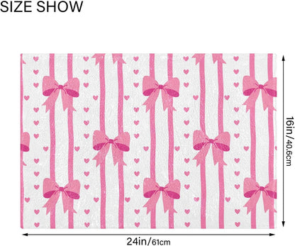 Pink Bows and Stripes Bathroom Rugs, Ultra Soft Absorbent Plush 16” x 24” Bath Mats, Non-Slip Machine Washable Shaggy Floor Rugs for Bathroom Tub