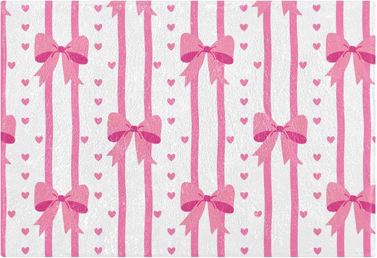 Pink Bows and Stripes Bathroom Rugs, Ultra Soft Absorbent Plush 16” x 24” Bath Mats, Non-Slip Machine Washable Shaggy Floor Rugs for Bathroom Tub