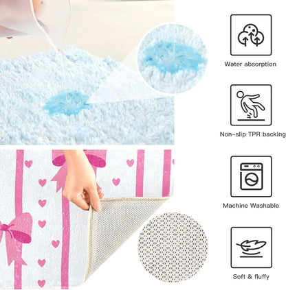 Pink Bows and Stripes Bathroom Rugs, Ultra Soft Absorbent Plush 16” x 24” Bath Mats, Non-Slip Machine Washable Shaggy Floor Rugs for Bathroom Tub
