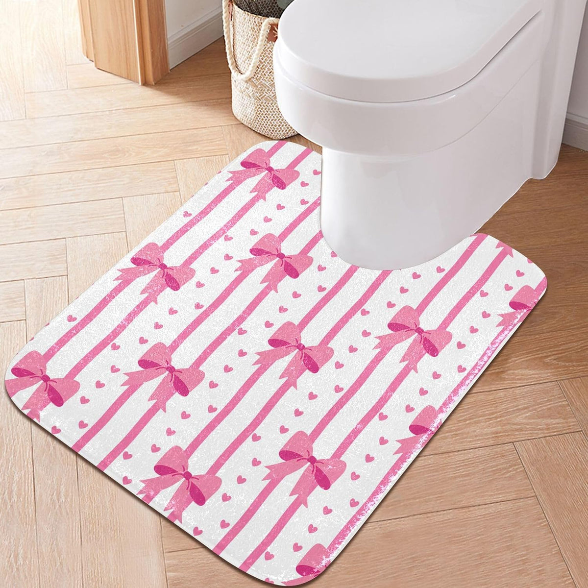 Pink Bows and Stripes Bathroom Rugs, Ultra Soft Absorbent Plush 16” x 24” Bath Mats, Non-Slip Machine Washable Shaggy Floor Rugs for Bathroom Tub
