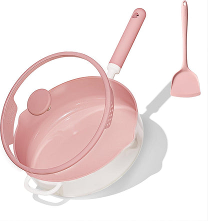 11 Inch Nonstick Deep Frying Pan with Lid, 5 Qt Chef Saute Pan with Pour Spout, Skillet Induction Cookware, Non Stick Cooking Pan Kitchen Pan, Healthy & PFOA/PFAS Free, Includes Spatula, Pink
