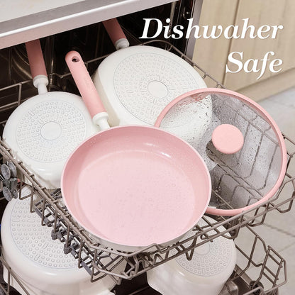 11 Inch Nonstick Deep Frying Pan with Lid, 5 Qt Chef Saute Pan with Pour Spout, Skillet Induction Cookware, Non Stick Cooking Pan Kitchen Pan, Healthy & PFOA/PFAS Free, Includes Spatula, Pink