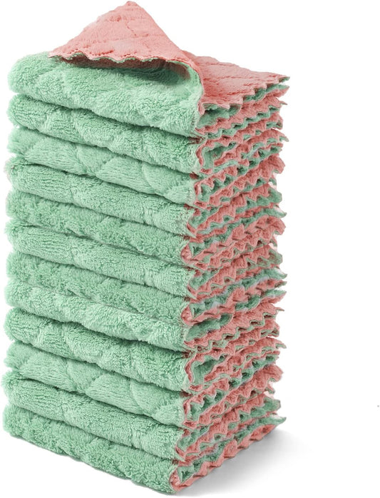 12 Pack Dish Towels, 10x10 in Premium Dish Cloths, Super Absorbent Kitchen Towels Coral Velvet Dishcloths Nonstick Oil Fast Drying Washcloths (Pink-Green)