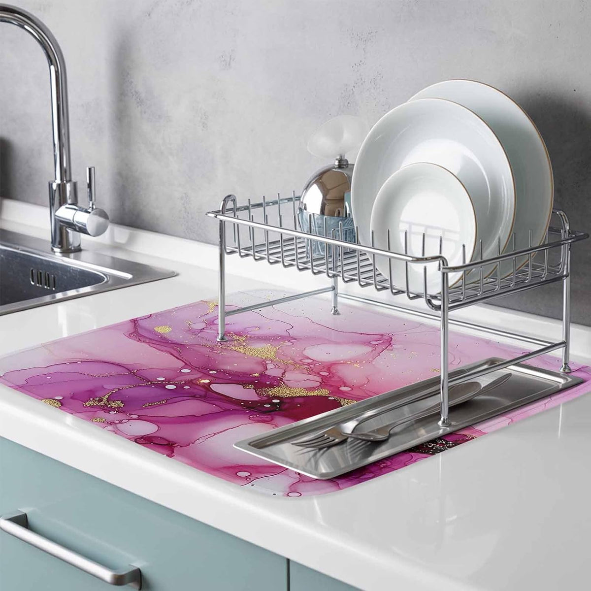 Dish Drying Mat Pink Marble Kitchen Counter Drying Pad for Dishes Glasses Cups and Cookware Golden Waves Abstract Art Absorbent Dish Drying Mat Machine Washable Kitchen Accessories 2 Pack 16" x 18"