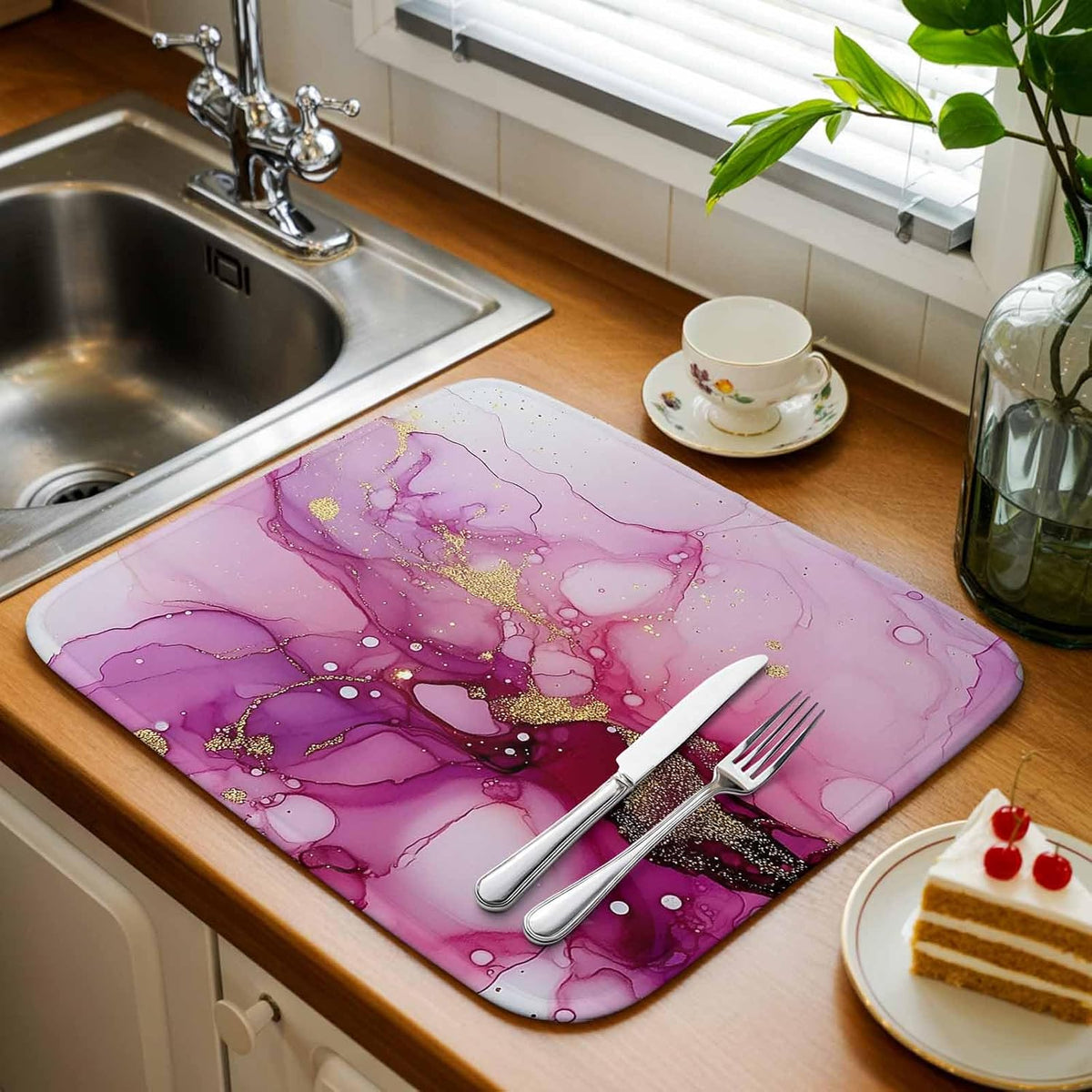 Dish Drying Mat Pink Marble Kitchen Counter Drying Pad for Dishes Glasses Cups and Cookware Golden Waves Abstract Art Absorbent Dish Drying Mat Machine Washable Kitchen Accessories 2 Pack 16" x 18"