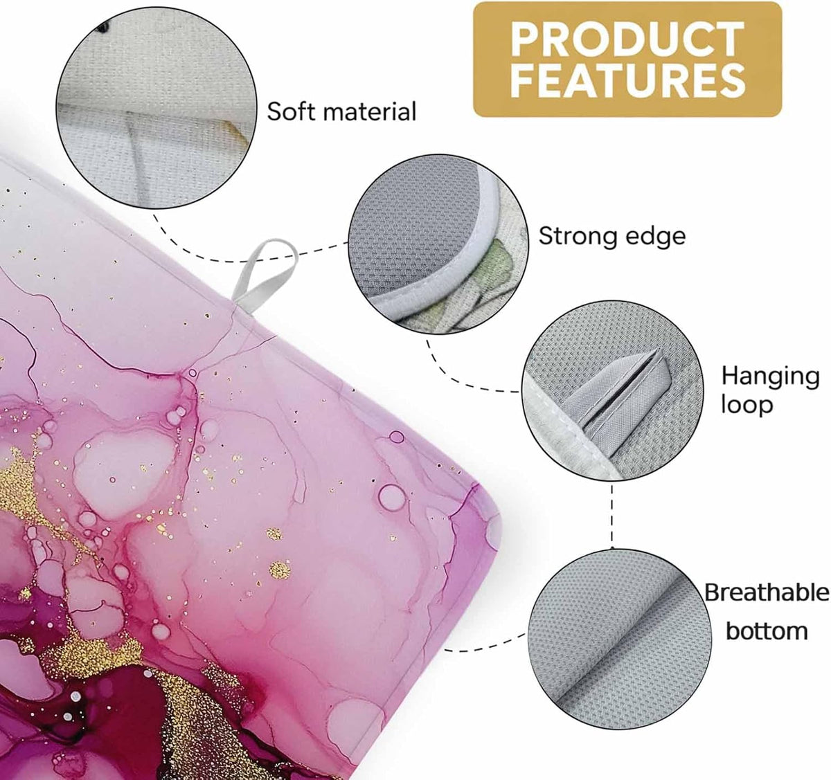 Dish Drying Mat Pink Marble Kitchen Counter Drying Pad for Dishes Glasses Cups and Cookware Golden Waves Abstract Art Absorbent Dish Drying Mat Machine Washable Kitchen Accessories 2 Pack 16" x 18"