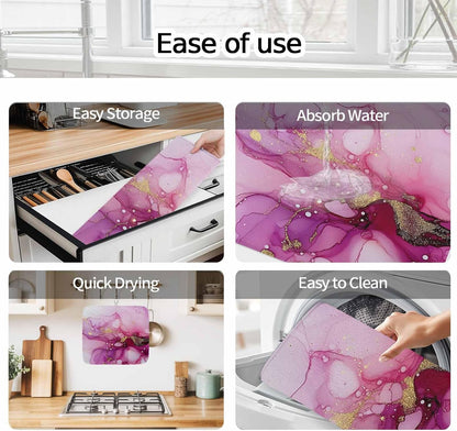 Dish Drying Mat Pink Marble Kitchen Counter Drying Pad for Dishes Glasses Cups and Cookware Golden Waves Abstract Art Absorbent Dish Drying Mat Machine Washable Kitchen Accessories 2 Pack 16" x 18"