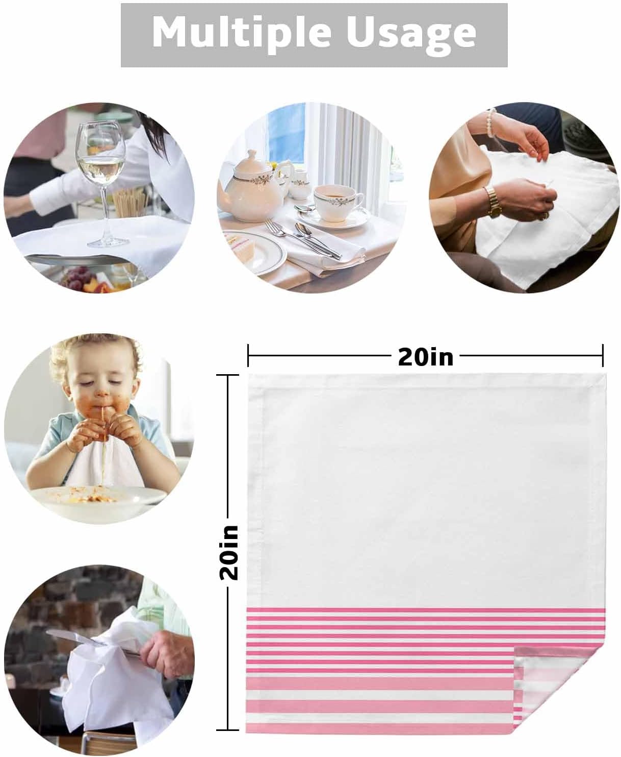 6PCS Cloth Napkins for Dining Table, Modern Style Hot Pink Pinstripe Light Pink Strips Washable Reusable Napkins Set Decorative Table Accessories for Daily Use Wedding Party Cocktail, 20x20 Inch