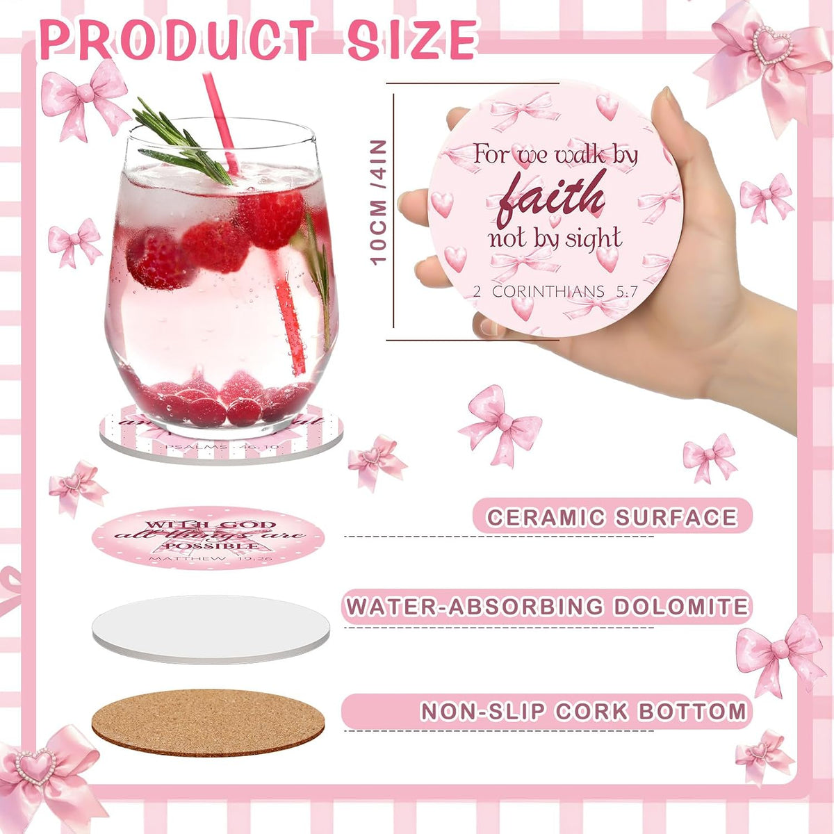 Christmas Christian Pink Bow Coquette Coasters with Bible Verses