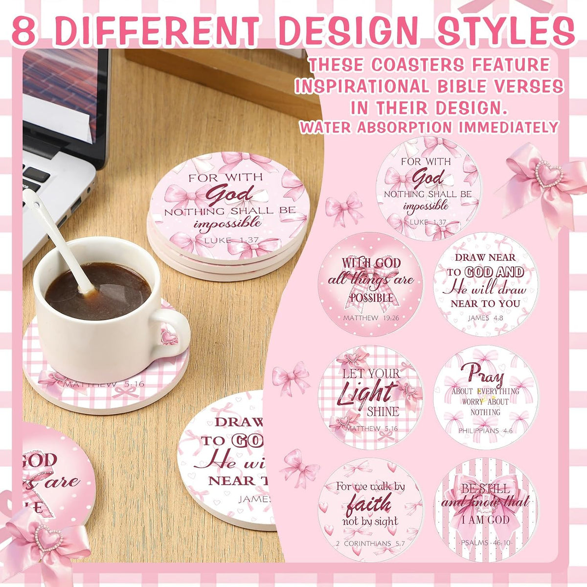 Christmas Christian Pink Bow Coquette Coasters with Bible Verses