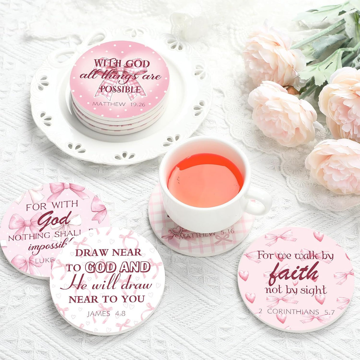 Christmas Christian Pink Bow Coquette Coasters with Bible Verses