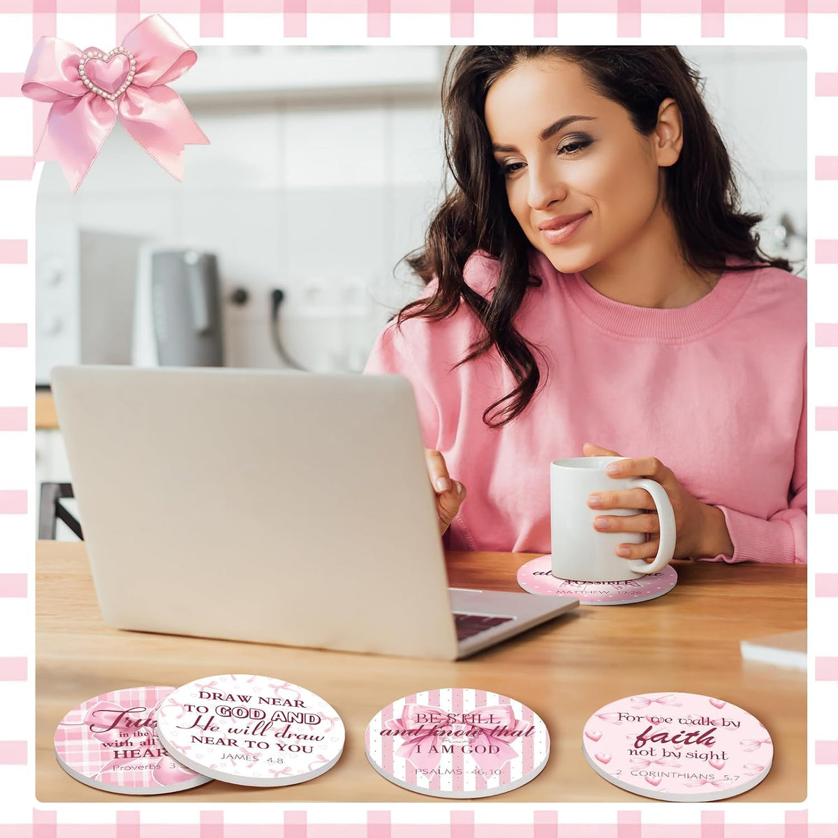 Christmas Christian Pink Bow Coquette Coasters with Bible Verses