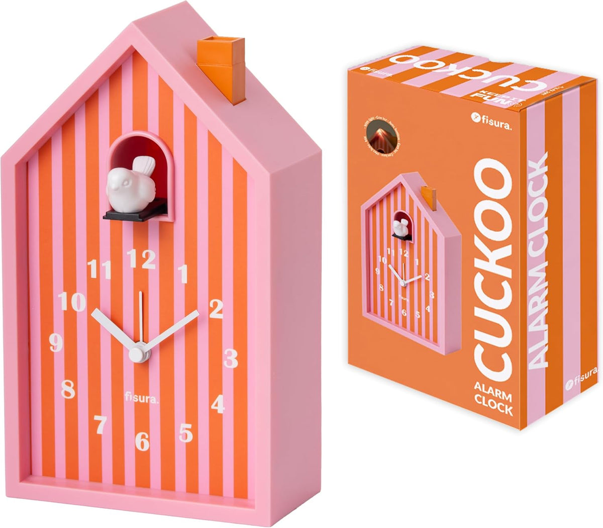 Cuckoo Alarm Clock – Cute House Analog Alarm Clock for Bedroom, Snooze and Night Light, Battery Operated Novelty Bedside Clock, Orange & Pink