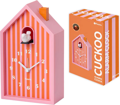 Cuckoo Alarm Clock – Cute House Analog Alarm Clock for Bedroom, Snooze and Night Light, Battery Operated Novelty Bedside Clock, Orange & Pink
