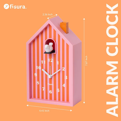 Cuckoo Alarm Clock – Cute House Analog Alarm Clock for Bedroom, Snooze and Night Light, Battery Operated Novelty Bedside Clock, Orange & Pink