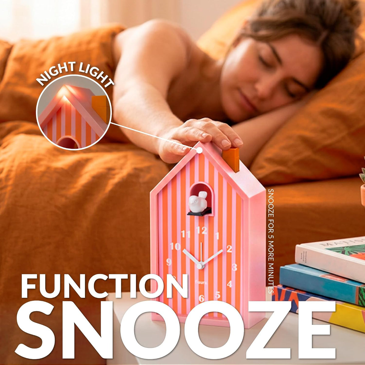 Cuckoo Alarm Clock – Cute House Analog Alarm Clock for Bedroom, Snooze and Night Light, Battery Operated Novelty Bedside Clock, Orange & Pink