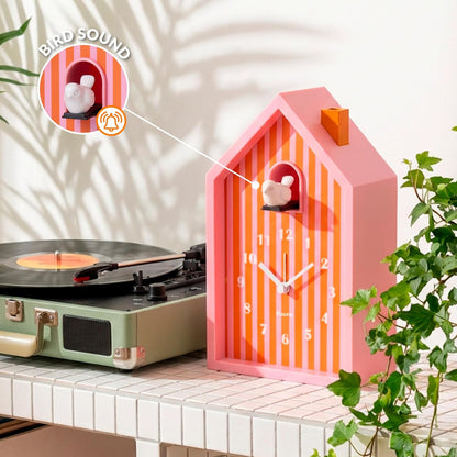 Cuckoo Alarm Clock – Cute House Analog Alarm Clock for Bedroom, Snooze and Night Light, Battery Operated Novelty Bedside Clock, Orange & Pink