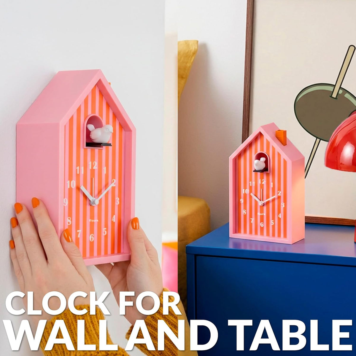 Cuckoo Alarm Clock – Cute House Analog Alarm Clock for Bedroom, Snooze and Night Light, Battery Operated Novelty Bedside Clock, Orange & Pink