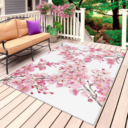Outdoor Rug 6' x 9', Spring Peach Flowers Large Carpet Area Rugs for Patio, RV, Deck, Pink Botanical Floral Leaves Branch Water Absorption Camping Rug, Lightweight Washable Rugs Runner