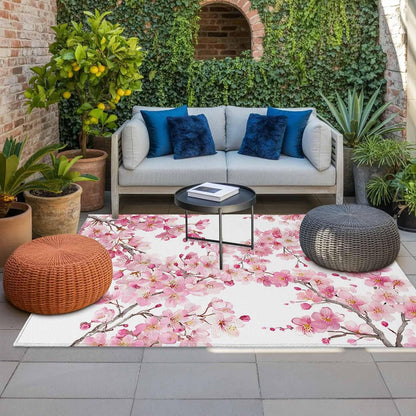 Outdoor Rug 6' x 9', Spring Peach Flowers Large Carpet Area Rugs for Patio, RV, Deck, Pink Botanical Floral Leaves Branch Water Absorption Camping Rug, Lightweight Washable Rugs Runner