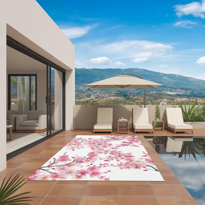 Outdoor Rug 6' x 9', Spring Peach Flowers Large Carpet Area Rugs for Patio, RV, Deck, Pink Botanical Floral Leaves Branch Water Absorption Camping Rug, Lightweight Washable Rugs Runner