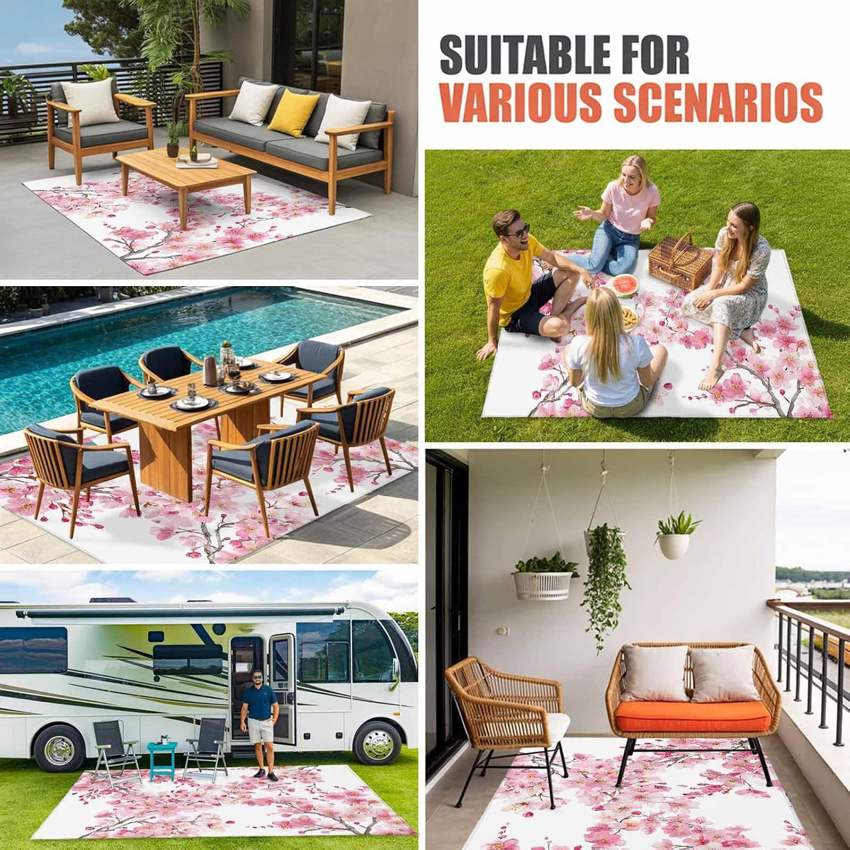 Outdoor Rug 6' x 9', Spring Peach Flowers Large Carpet Area Rugs for Patio, RV, Deck, Pink Botanical Floral Leaves Branch Water Absorption Camping Rug, Lightweight Washable Rugs Runner