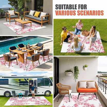Outdoor Rug 6' x 9', Spring Peach Flowers Large Carpet Area Rugs for Patio, RV, Deck, Pink Botanical Floral Leaves Branch Water Absorption Camping Rug, Lightweight Washable Rugs Runner