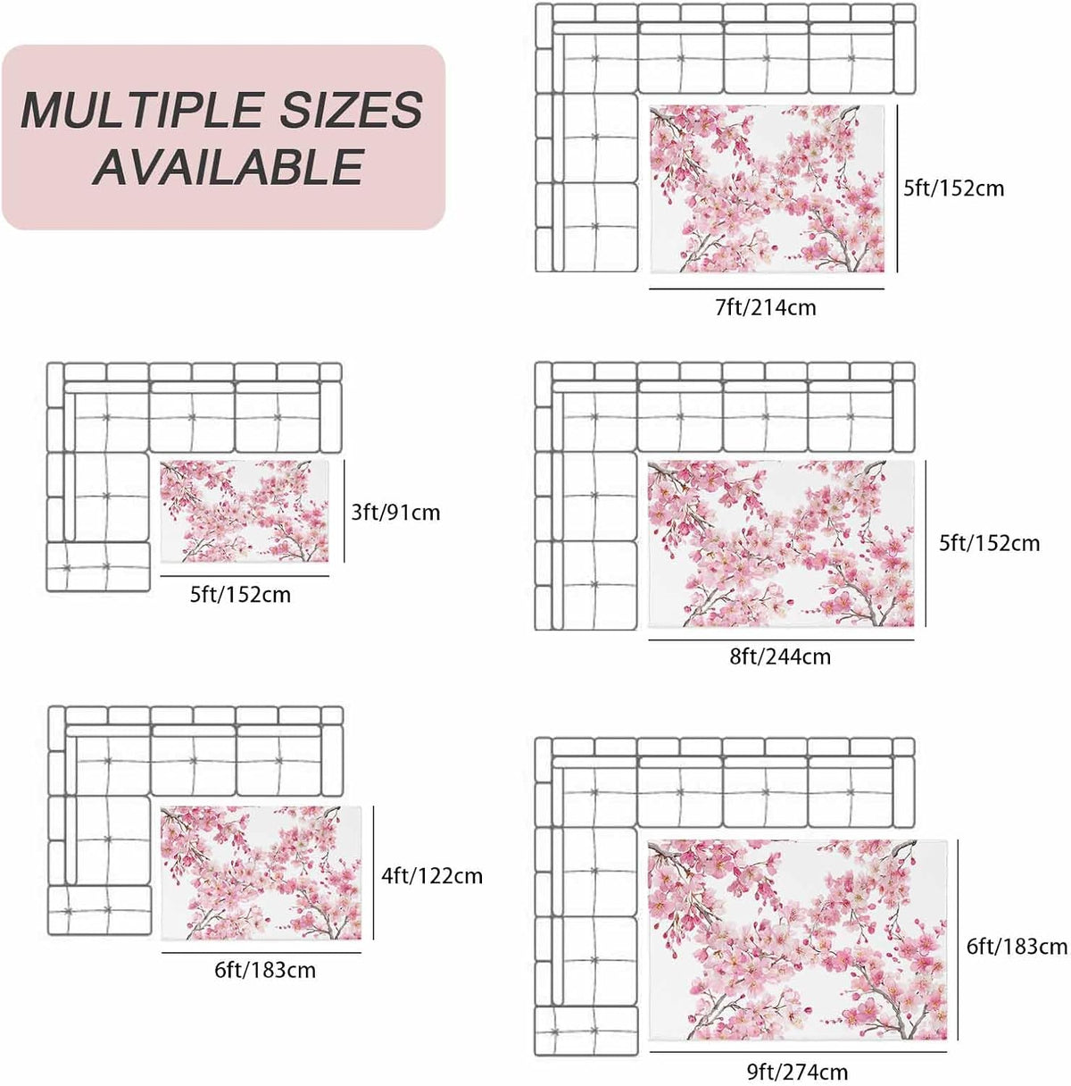 Outdoor Rug 6' x 9', Spring Peach Flowers Large Carpet Area Rugs for Patio, RV, Deck, Pink Botanical Floral Leaves Branch Water Absorption Camping Rug, Lightweight Washable Rugs Runner