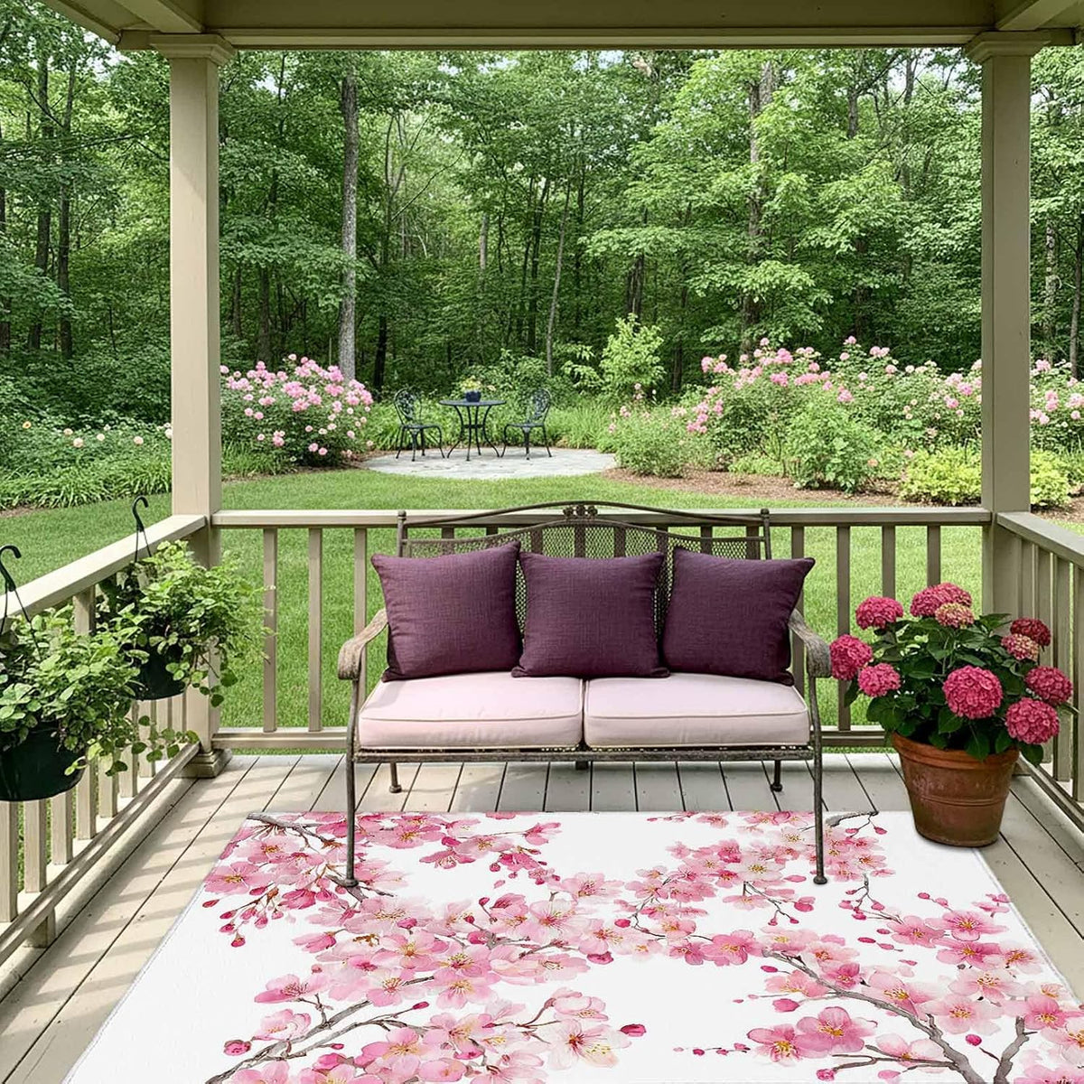 Outdoor Rug 6' x 9', Spring Peach Flowers Large Carpet Area Rugs for Patio, RV, Deck, Pink Botanical Floral Leaves Branch Water Absorption Camping Rug, Lightweight Washable Rugs Runner