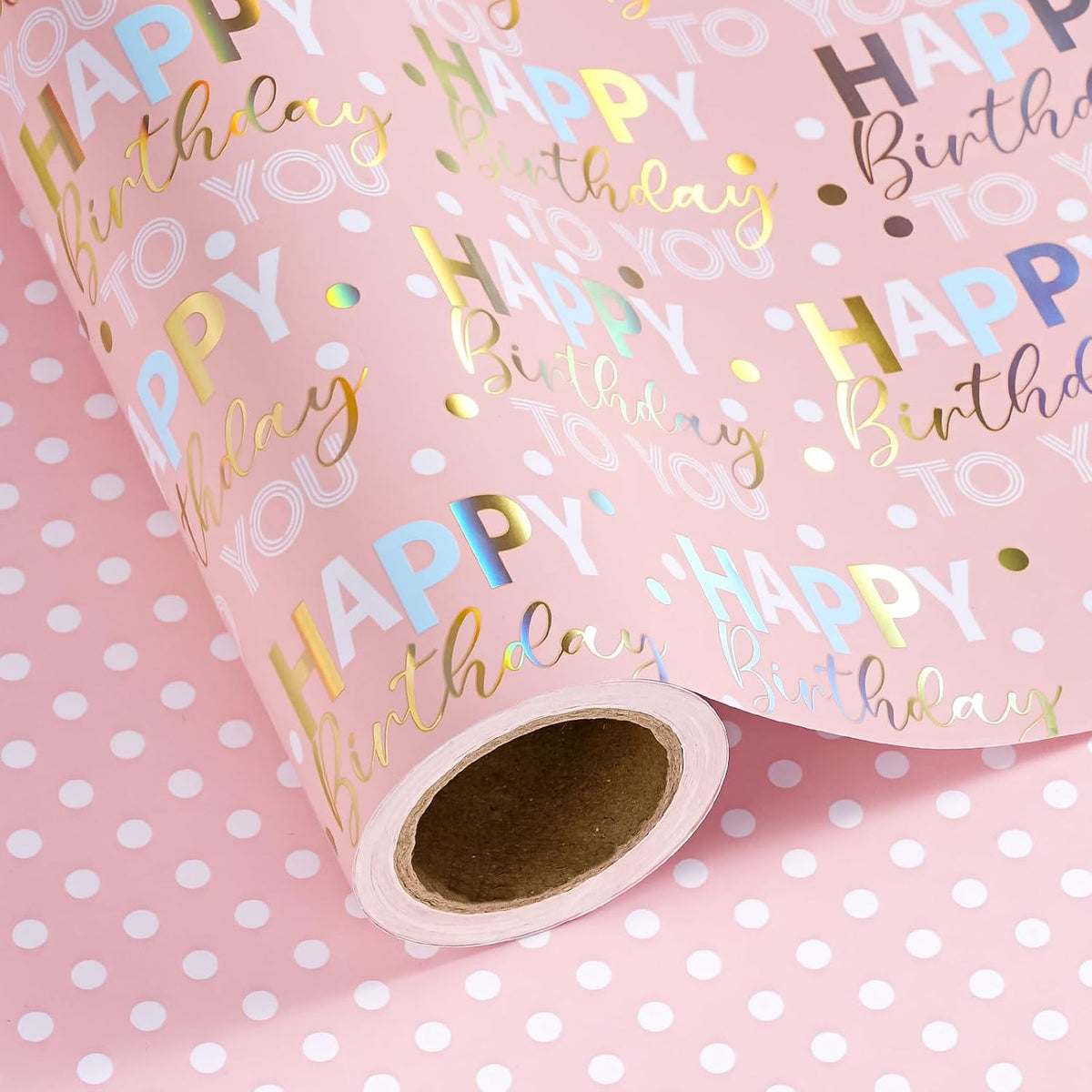 Reversible Birthday Wrapping Paper - Mini Roll - 17 Inch x 9.8 Feet - Rose Gold Foil and Iridescent Happy Birthday Wrapping Paper for Girls, Women, Baby Shower
