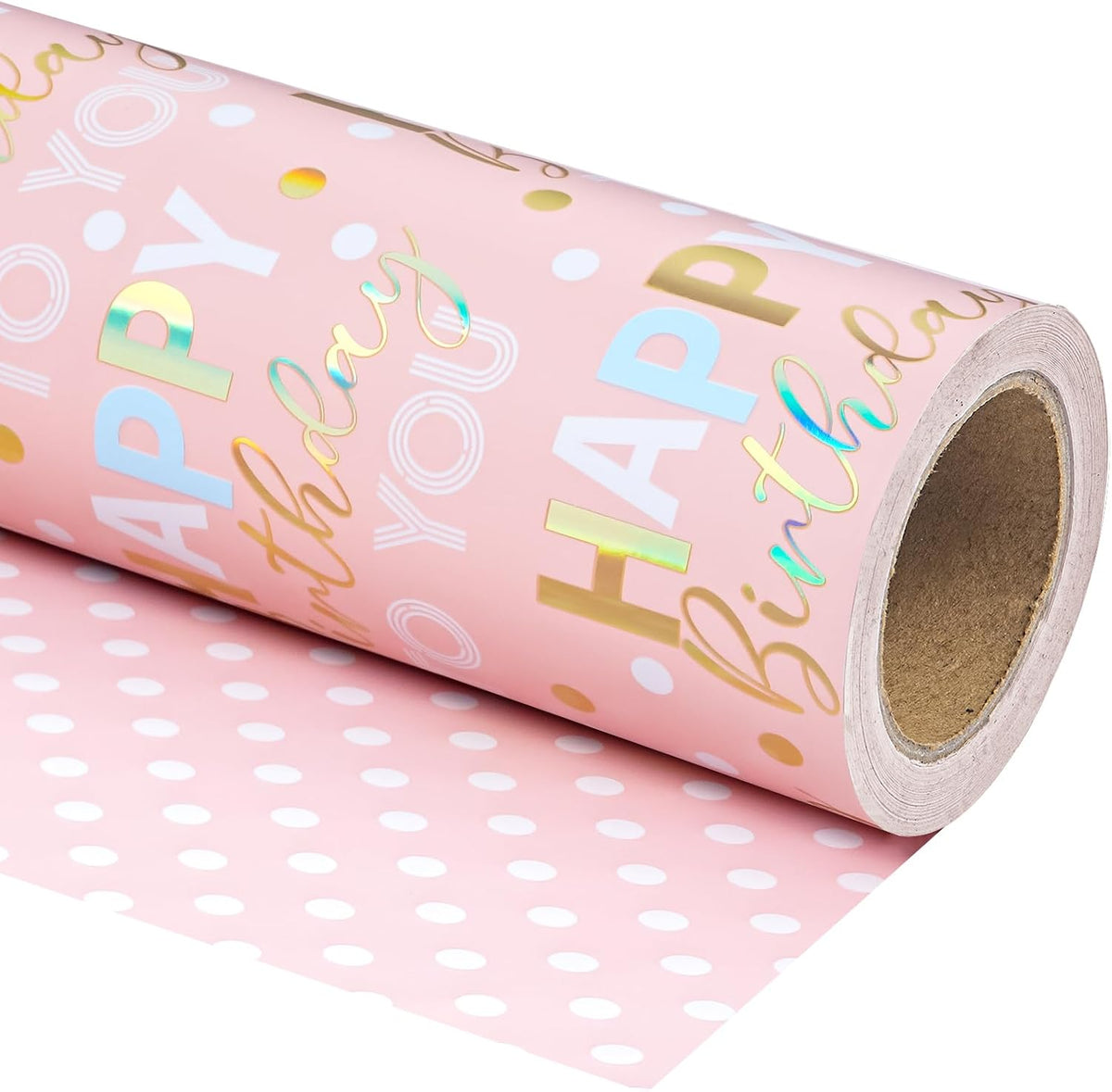 Reversible Birthday Wrapping Paper - Mini Roll - 17 Inch x 9.8 Feet - Rose Gold Foil and Iridescent Happy Birthday Wrapping Paper for Girls, Women, Baby Shower