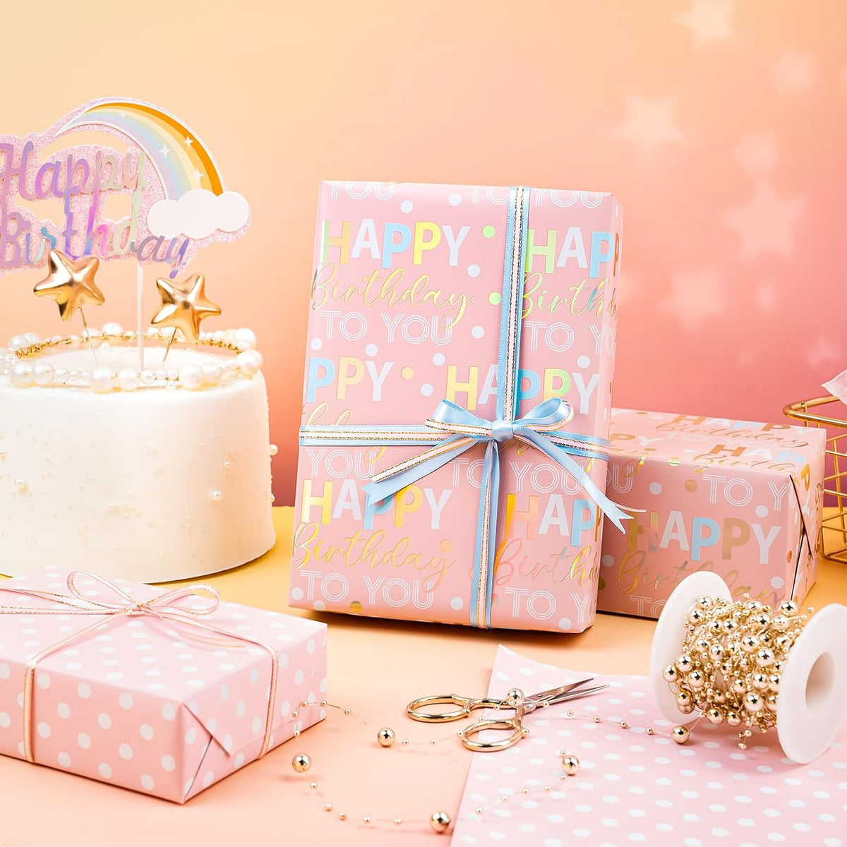 Reversible Birthday Wrapping Paper - Mini Roll - 17 Inch x 9.8 Feet - Rose Gold Foil and Iridescent Happy Birthday Wrapping Paper for Girls, Women, Baby Shower