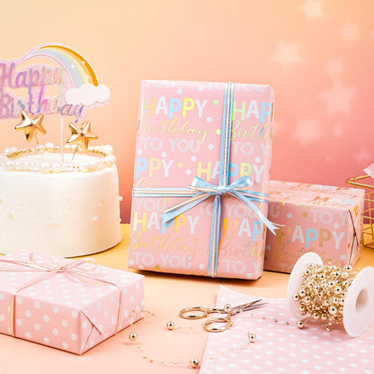 Reversible Birthday Wrapping Paper - Mini Roll - 17 Inch x 9.8 Feet - Rose Gold Foil and Iridescent Happy Birthday Wrapping Paper for Girls, Women, Baby Shower