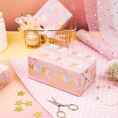 Reversible Birthday Wrapping Paper - Mini Roll - 17 Inch x 9.8 Feet - Rose Gold Foil and Iridescent Happy Birthday Wrapping Paper for Girls, Women, Baby Shower