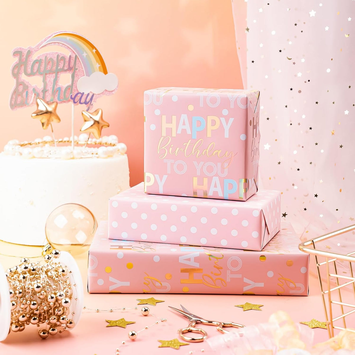 Reversible Birthday Wrapping Paper - Mini Roll - 17 Inch x 9.8 Feet - Rose Gold Foil and Iridescent Happy Birthday Wrapping Paper for Girls, Women, Baby Shower