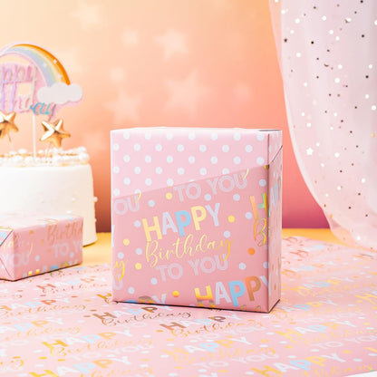 Reversible Birthday Wrapping Paper - Mini Roll - 17 Inch x 9.8 Feet - Rose Gold Foil and Iridescent Happy Birthday Wrapping Paper for Girls, Women, Baby Shower