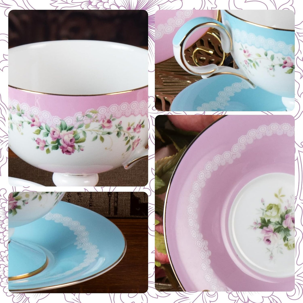 Tea Cups Set of 2,Ceramic Floral Pattern Demitasse Cup