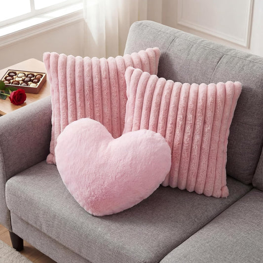 Leinuosen Set of 3 Pink Heart Throw Pillow and 18" Pillow Covers Soft Fluffy Faux Rabbit Fur Mother's Day Decorative Heart Pillows with Furry Stripe Pillowcase for Wedding Bed Couch Home Room Decor