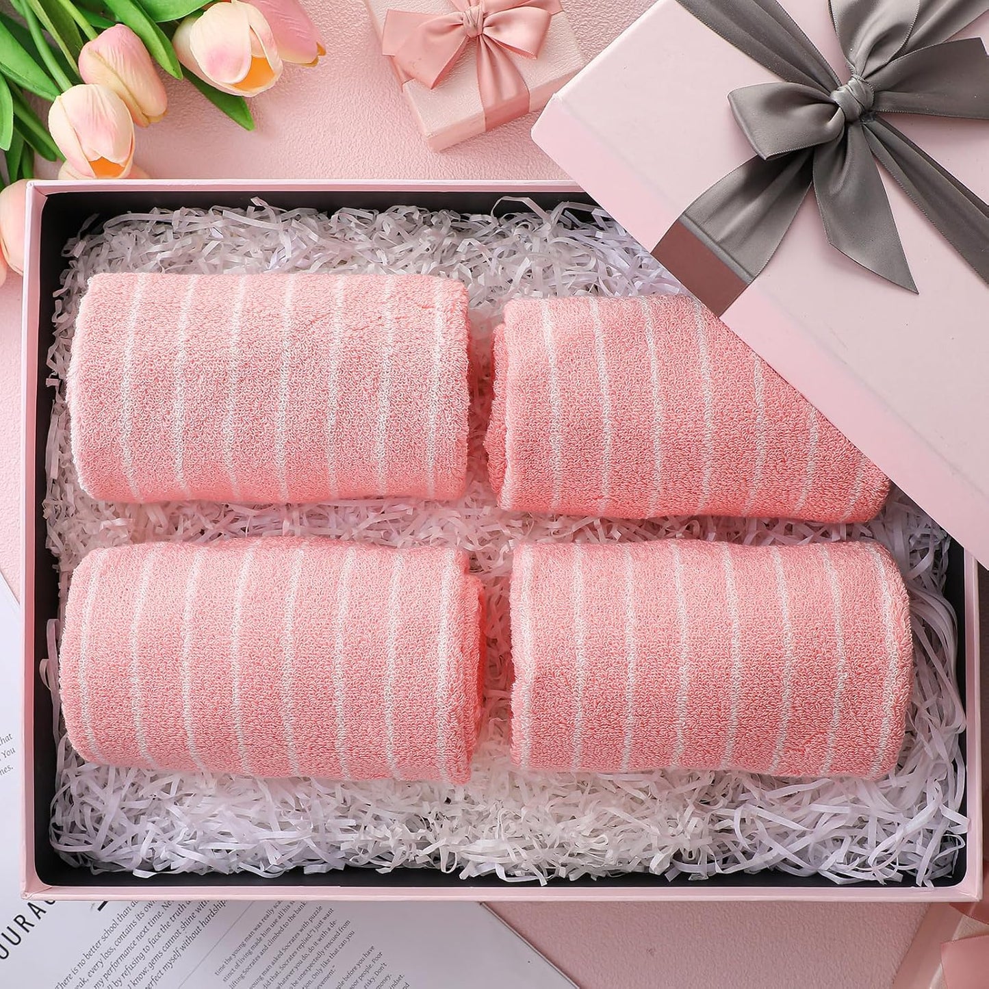 Mindsoft 4pcs Pink Hand Towels for Bathroom Striped 14 x 29 Inch Hand Towels 100% Cotton Soft Absorbent Bath Decorative for Bathroom Kitchen Spa Workout Festival Gift