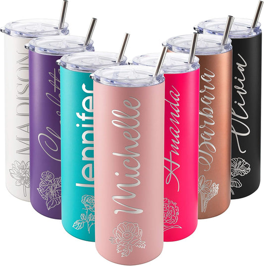 Personalized Skinny Tumbler, Straw, Lid & Brush Included, 20 Oz Light Pink, Personalized Gifts for Women, Gift for Mom, Custom Skinny Tumbler for Women, Gifts for Her