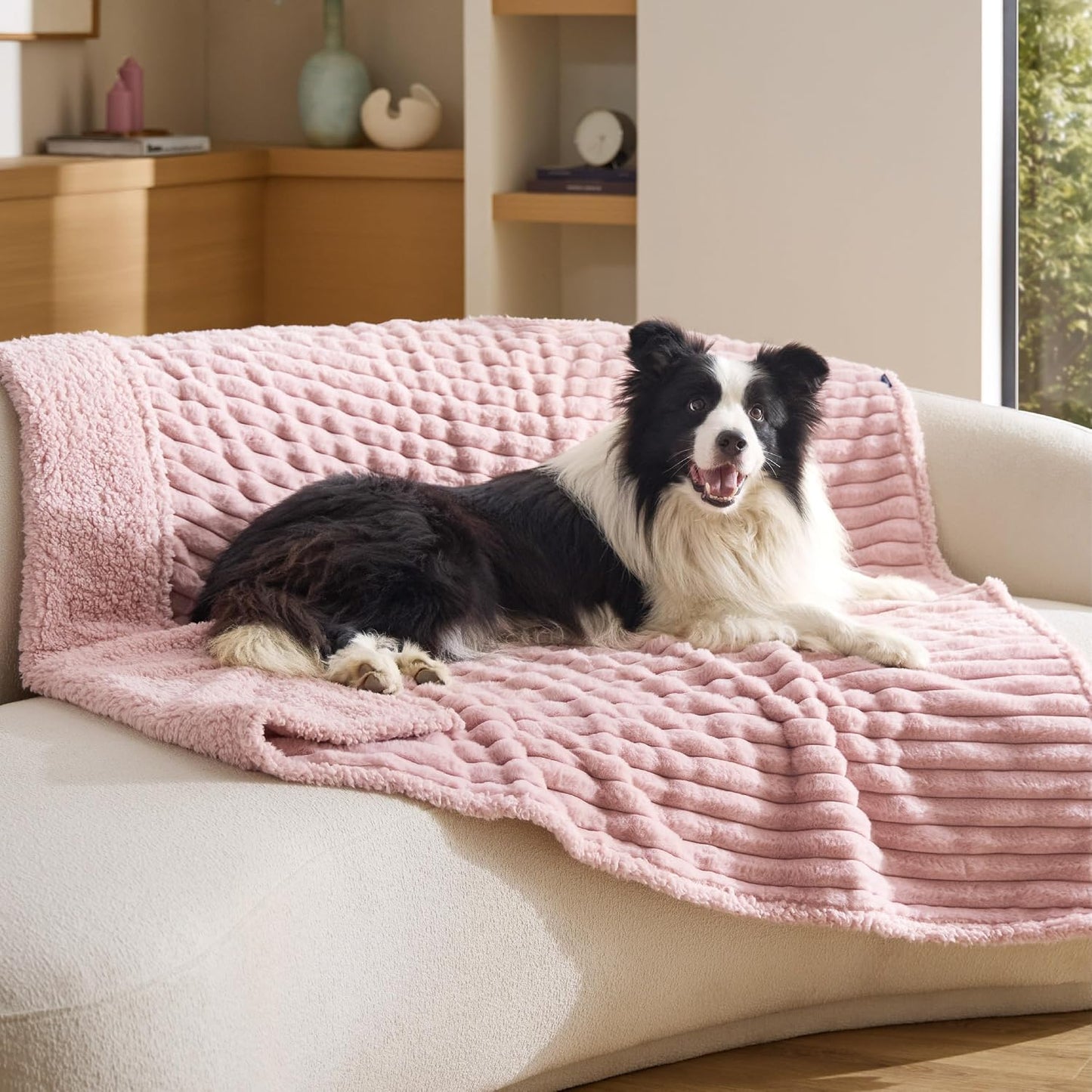 Bedsure ComfyFleece™ Waterproof Dog Blankets for Large Dogs - Soft Pet Cat Blanket Corduroy Fleece for Couch Bed Protector Washable, Cozy Calming Reversible Furniture Protection,50"x60", Blush Pink