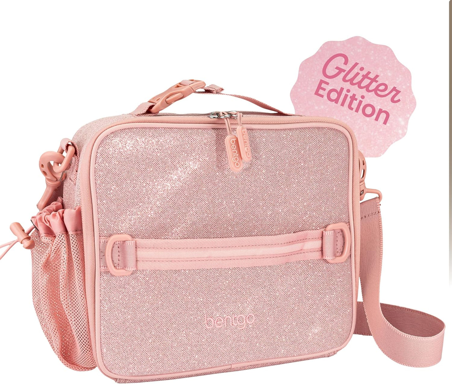 Bentgo Kids Lunch Bag - Double-Insulated, Reusable Lunch Bag for Kids 3+ with Adjustable Strap; Holds Lunch Box/Water Bottle/Snacks; Easy-Clean, Water-Resistant & Pockets (Glitter - Petal Pink)