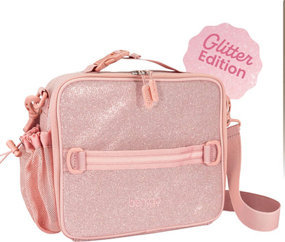 Bentgo Kids Lunch Bag - Double-Insulated, Reusable Lunch Bag for Kids 3+ with Adjustable Strap; Holds Lunch Box/Water Bottle/Snacks; Easy-Clean, Water-Resistant & Pockets (Glitter - Petal Pink)