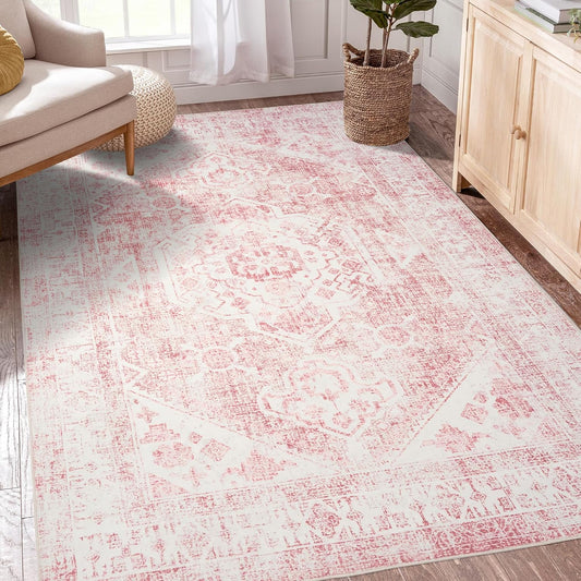 5x7 Washable Pink Area Rug, Upgraded Denser Surface Vintage Rugs, Honeycomb Non-Slip Backing Living Room Rug, Easy Care Foldable Rugs for Living Room Bedroom Kitchen Dinning Room Home Office