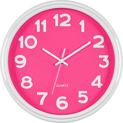 Bernhard Products Pink Wall Clock 12.5 Inch Silent Non-Ticking Modern Stylish Quartz Clocks for Home Kitchen Office Bedroom Girl's Room Nursery Kids School Classroom Battery Operated, Easy to Read