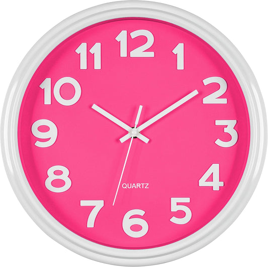 Bernhard Products Pink Wall Clock 12.5 Inch Silent Non-Ticking Modern Stylish Quartz Clocks for Home Kitchen Office Bedroom Girl's Room Nursery Kids School Classroom Battery Operated, Easy to Read