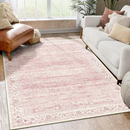 Brakki Pink Rug 3x5, Washable Boho Area Rug for Living Room Dining Room Bedroom Kitchen Entryway, Ultra Thin Soft Vintage Distressed Carpet Non Slip, Floral Rug for Home